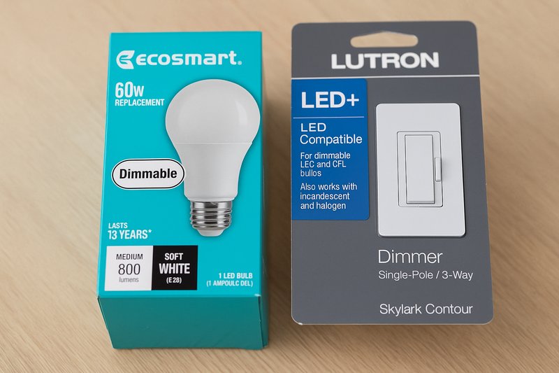 An image showing an LED bulb package with 'Dimmable' clearly marked, and a dimmer package with 'LED Compatible' highlighted.