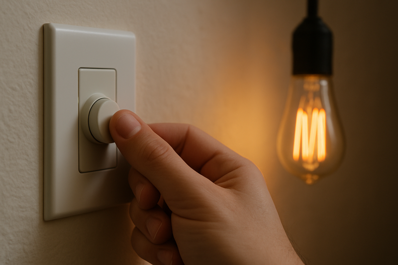 Troubleshooting LED Dimming Issues Hand adjusting a dimmer switch with a slightly flickering vintage bulb in background