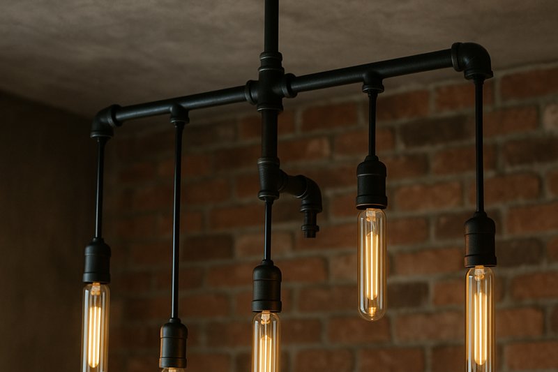 Image of a DIY industrial pipe pendant light fixture assembled from black iron pipes, with multiple Omita T30 LED Edison bulbs branching off, creating a raw, urban feel.