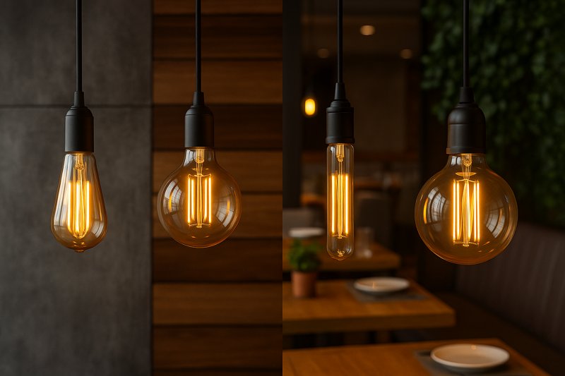 A diverse array of LED Edison bulb shapes - ST64, G95, T30, G125 - suitable for various restaurant decor styles.