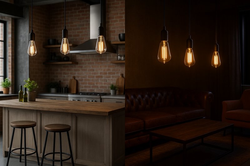 Two contrasting images: one showing a brightly lit industrial kitchen with clear Edison bulbs, another a dimly lit industrial lounge area with amber Edison bulbs creating a cozy atmosphere.