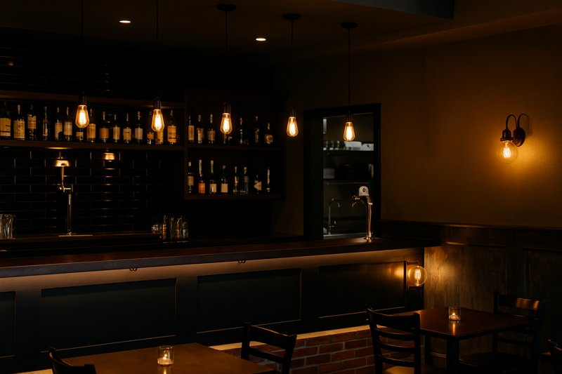 A well-lit restaurant bar area using different types of LED Edison bulbs for task (over bar), ambient (wall sconces), and accent lighting.