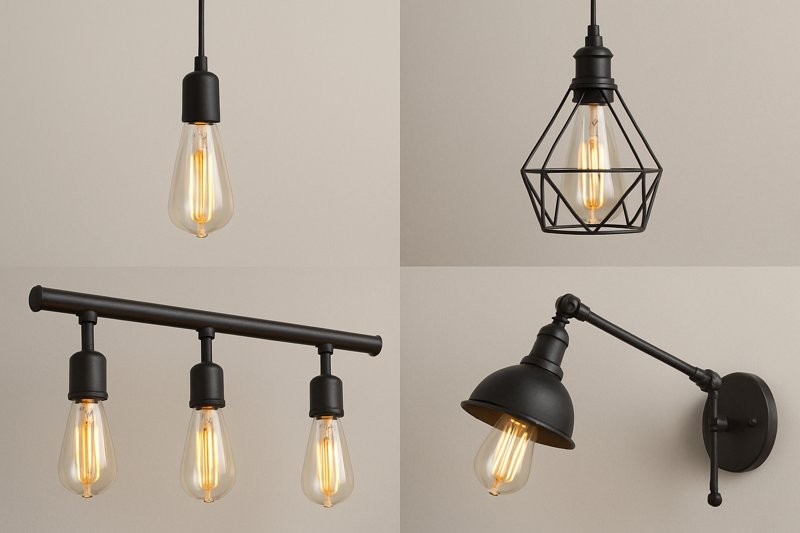 A collage of industrial-style fixtures: a simple black pendant cord, a geometric metal cage, a track light with Edison bulbs, and a metal swing-arm wall lamp.