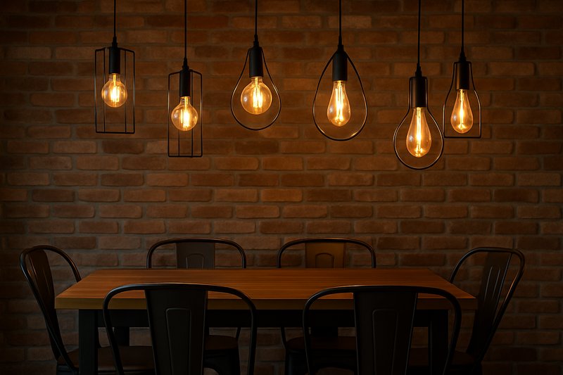 Edison Bulbs in an Industrial Style Dining Room An industrial-style dining room with an exposed brick wall background. Several black metal frame pendant lights hang with amber-tinted LED Edison bulbs in globe and teardrop shapes, illuminating a wooden dining table and metal chairs below.
