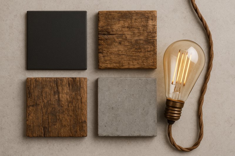 A mood board image showing swatches of dark metal, distressed wood, concrete, alongside an amber LED Edison bulb and a vintage-style fabric cord.