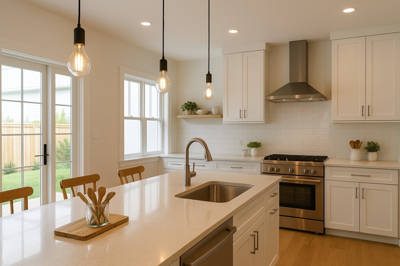 Bright kitchen with clear Edison bulbs over an island and dining table