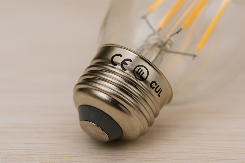 Safety Certifications on LED Bulb Close-up of an LED filament bulb base showing safety certification marks