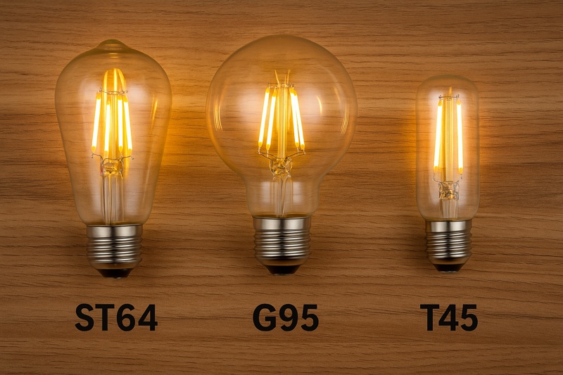Various filament bulb shapes on wooden table