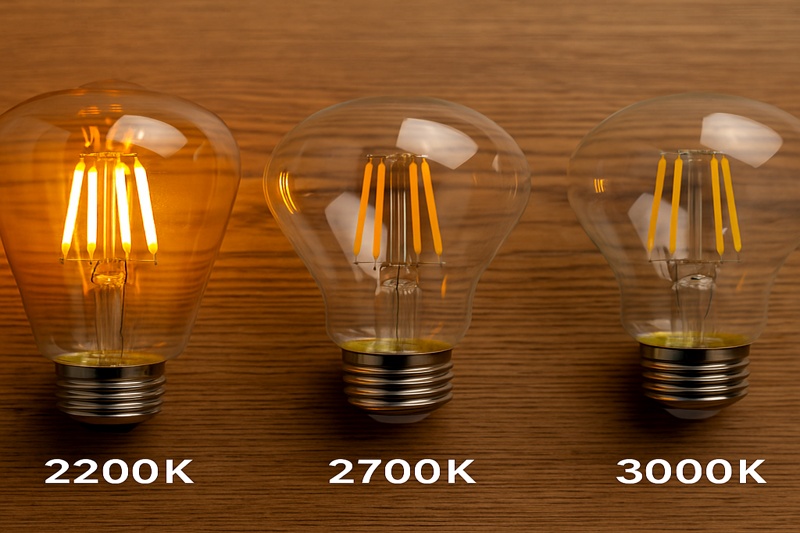 Color Temperature Side-by-side bulbs: 2200K, 2700K, 3000K