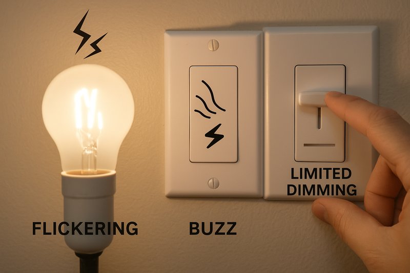 A collage of 'problem' icons: flickering light, buzzing sound, limited dimming slider.