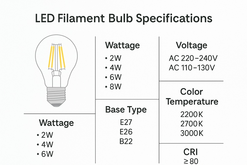 Technical Specs Overview LED filament bulb specification chart with base types and color temperatures