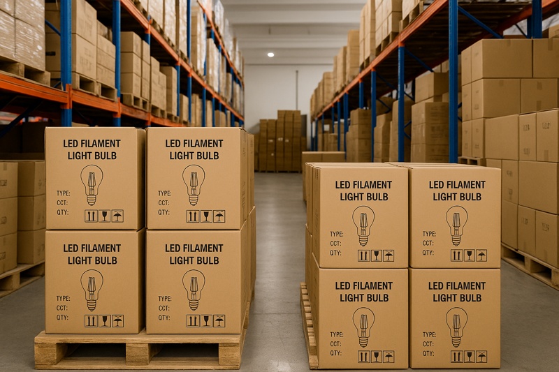 Filament Bulb Supplier LED bulb warehouse with export cartons stacked