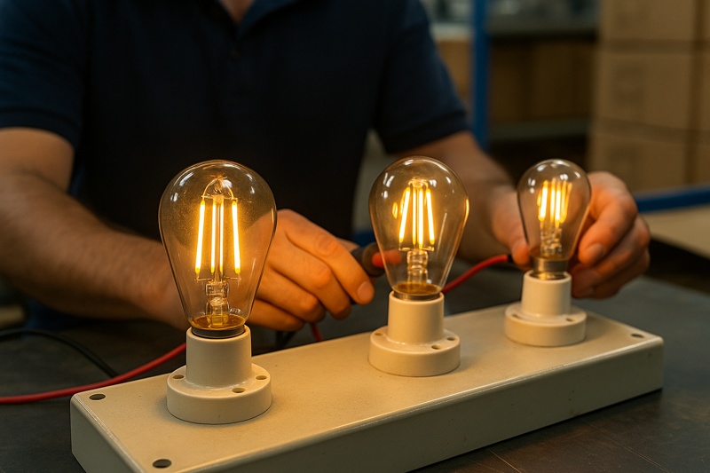 Specs Check Technician testing filament bulbs before packaging