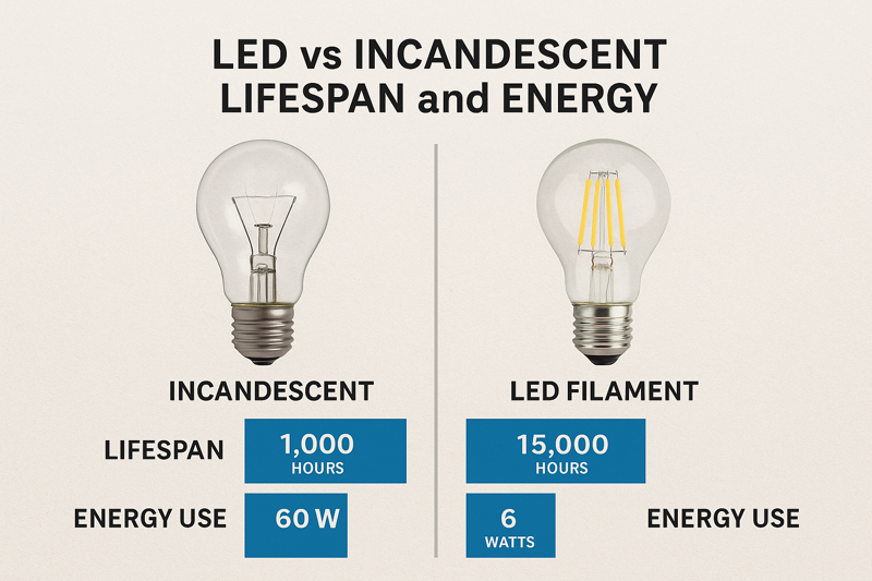 LED vs Incandescent Lifespan and Energy Infographic comparing lifespan and energy use of incandescent vs LED filament bulb