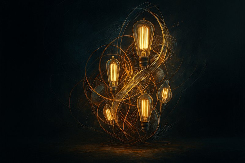 A concept sketch or a digitally rendered image of an abstract, glowing sculpture made from intertwined LED Edison bulbs and mixed media, dramatically illuminated in a darkened, atmospheric space.