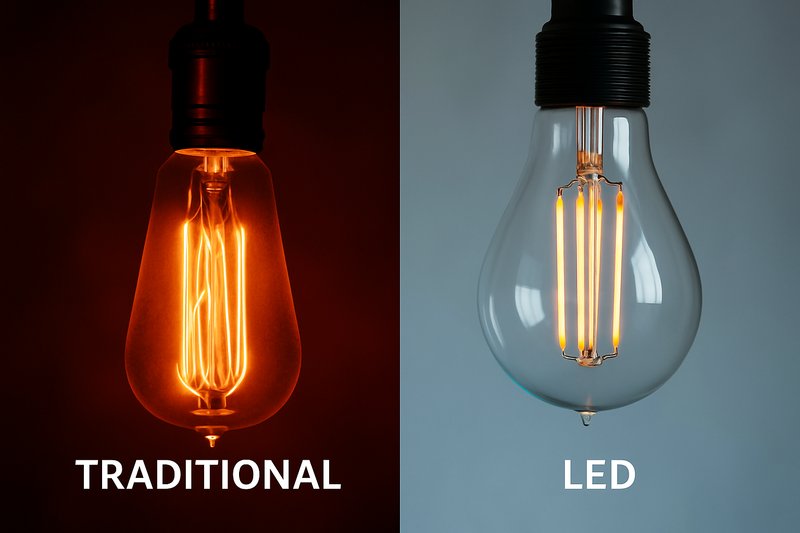 LED vs. Traditional Edison Bulb Comparison A comparison image: on the left, a traditional tungsten Edison bulb emitting significant heat; on the right, the cool, efficient filament of an LED Edison bulb glowing.