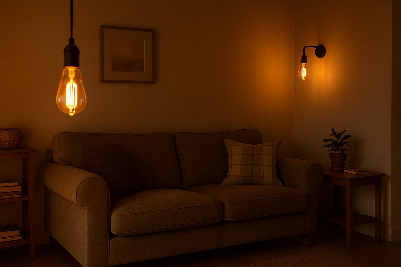 Cozy living room with amber Edison bulbs creating a warm glow