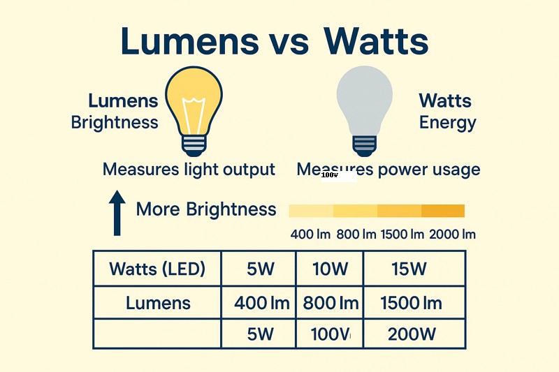Infographic showing LED bulb brightness in lumens across wattage levels from 5W to 100W