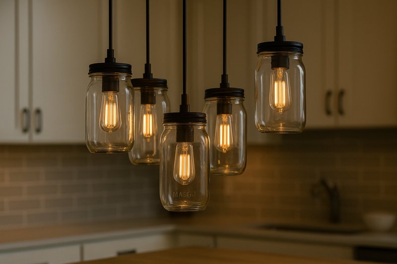 Image of a cluster of DIY Mason jar pendant lights, using clear jars of various sizes with clear Omita T45 LED Edison bulbs inside, hanging gracefully over a kitchen counter.