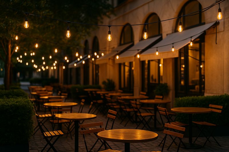 Café Lighting Outdoor café strung with warm C9 LED filament lights