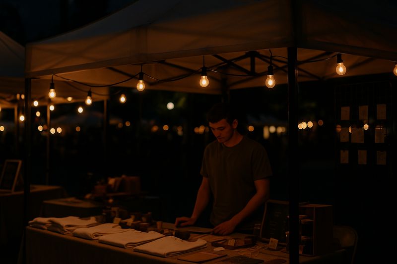 Market Stall Lighting Pop-up booth lit with warm filament bulbs