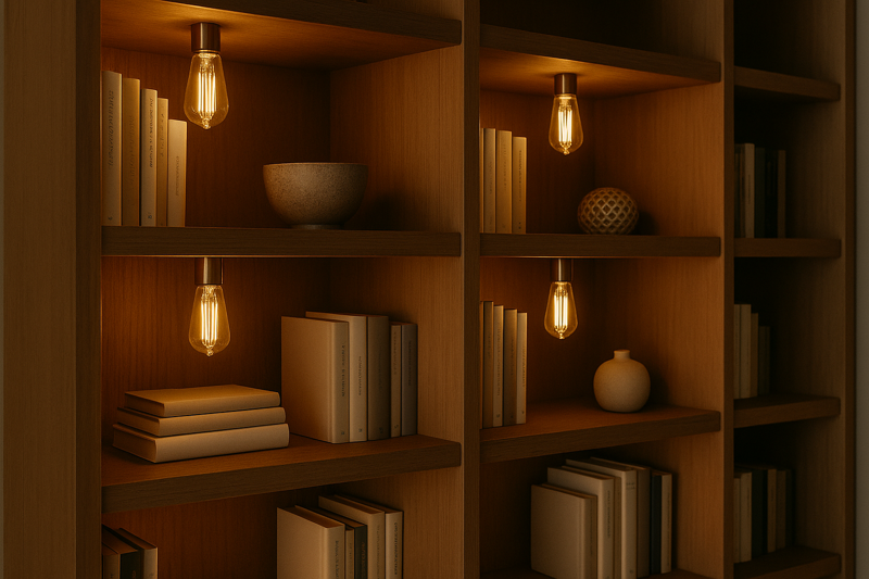 Image of an open bookshelf where several shelves have small, bare LED Edison bulbs cleverly installed above or to the side, illuminating books and decorative items.