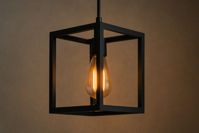 Image of a black metal cubic frame pendant light, housing a warm-glowing ST64 LED Edison bulb.