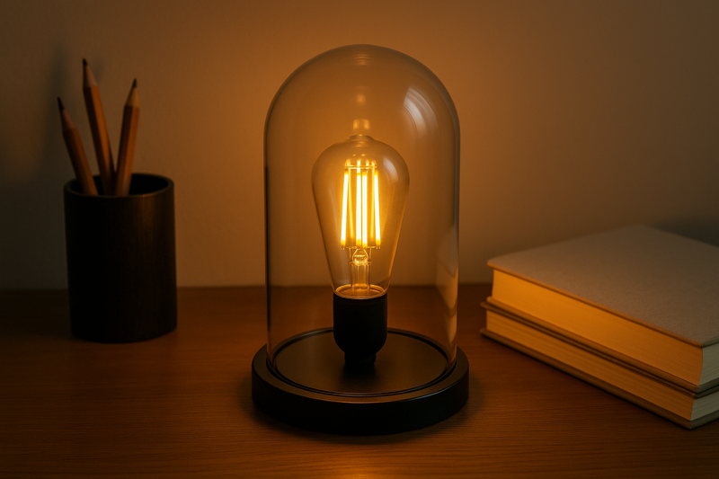 Image of a desktop scene where an ST64 LED Edison bulb is placed inside a clear bell-shaped glass cloche, emitting a soft glow.