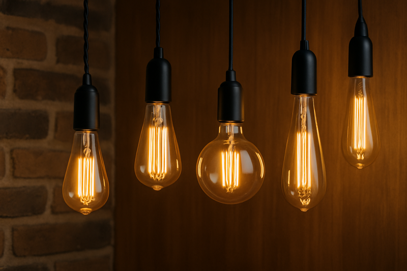 Image showing several black or vintage braided cords suspending different shaped LED Edison bulbs against a brick or wooden backdrop.
