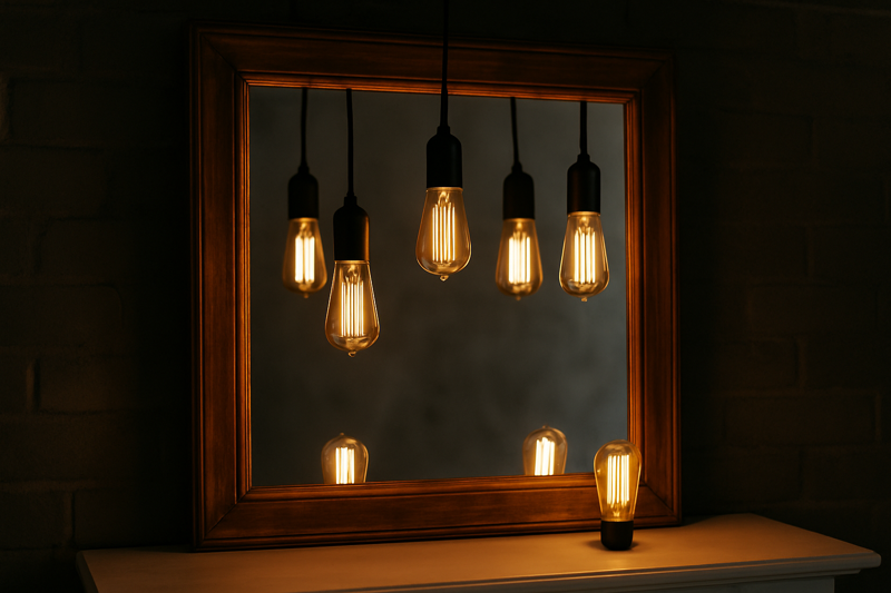 Image showing a vanity or fireplace mirror with several lit LED Edison bulbs hanging or placed in front, their beautiful light reflected in the mirror.