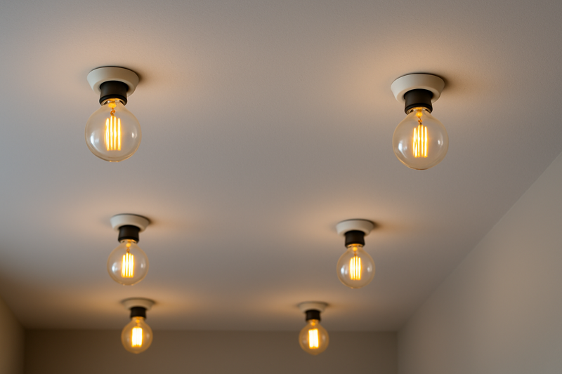 Image of a modern minimalist ceiling with several semi-recessed sockets evenly spaced, each holding a G80 LED Edison bulb with its main body fully exposed below the ceiling.