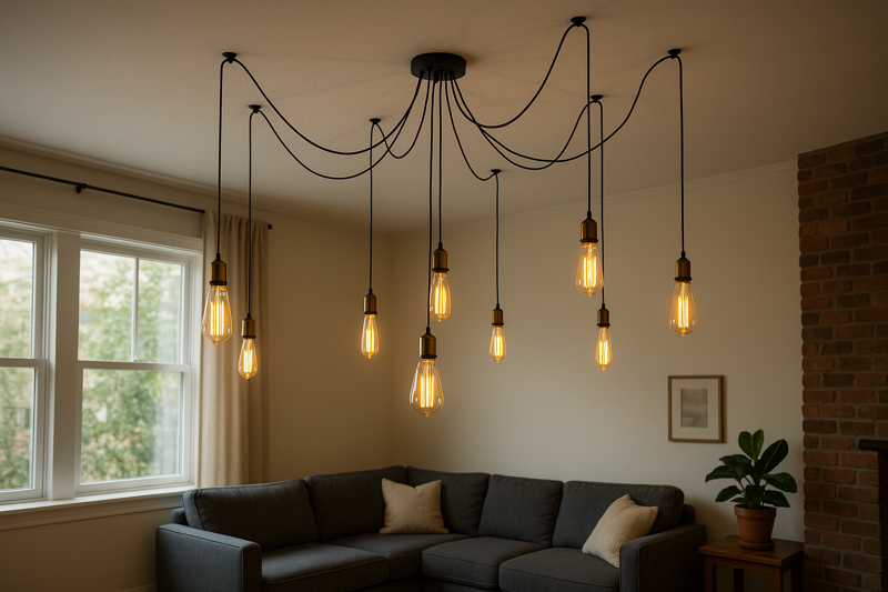 Image of a large DIY spider chandelier with multiple black cords extending from a central ceiling rose, ending in various shapes and sizes of LED Edison bulbs, illuminating a high-ceilinged living room.