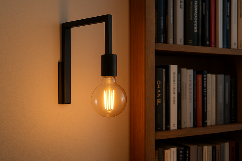 Image showing a black metal L-shaped wall bracket with a G80 LED Edison bulb hanging downwards, illuminating a nearby bookshelf.