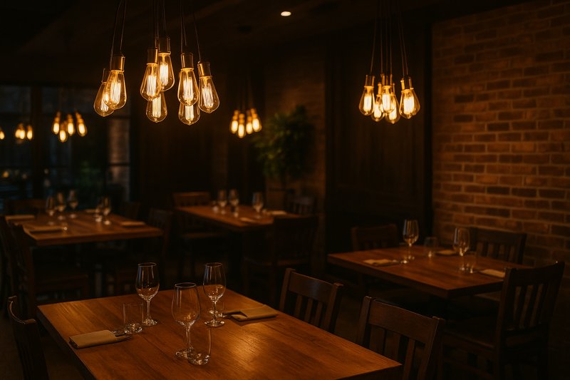 A beautifully lit restaurant interior where clusters of LED Edison bulbs hang over wooden tables, creating a warm and inviting atmosphere.