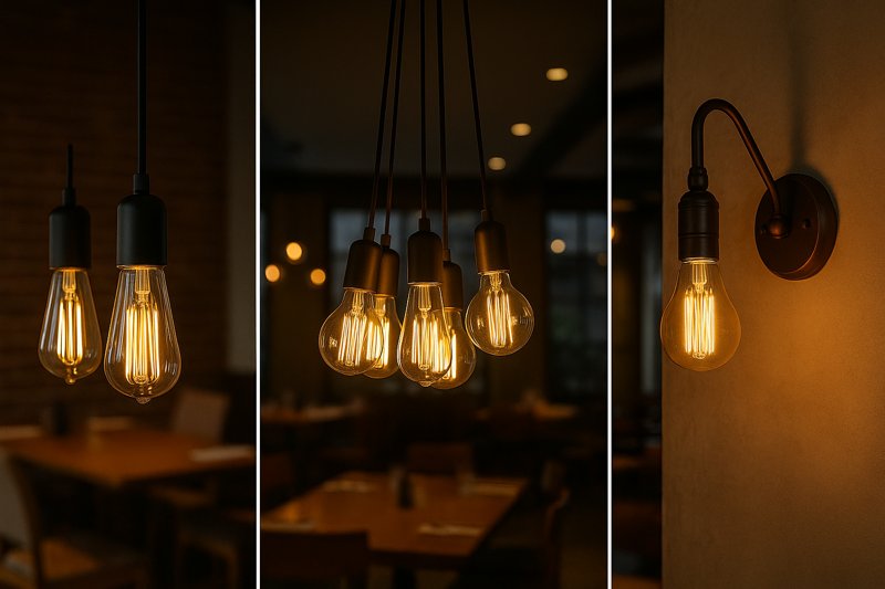 Various restaurant lighting fixtures showcasing LED Edison bulbs: simple pendants, a cluster chandelier, and a wall sconce.