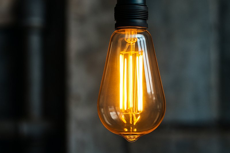 Close-up shot of an amber-glass ST64 LED Edison bulb glowing warmly, with a slightly blurred industrial background featuring metal and concrete.