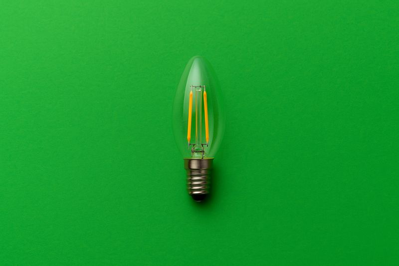 Sustainability Symbol LED bulb on green background symbolizing sustainability