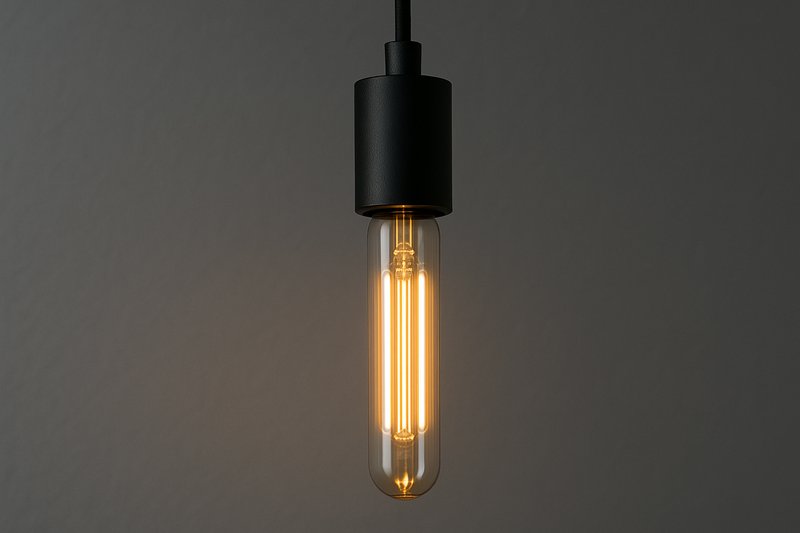 Tubular Edison Bulb in a Modern Minimalist Space Close-up shot of a tubular-shaped LED Edison bulb hanging from a simple black metal cord fixture, against a modern grey wall backdrop.