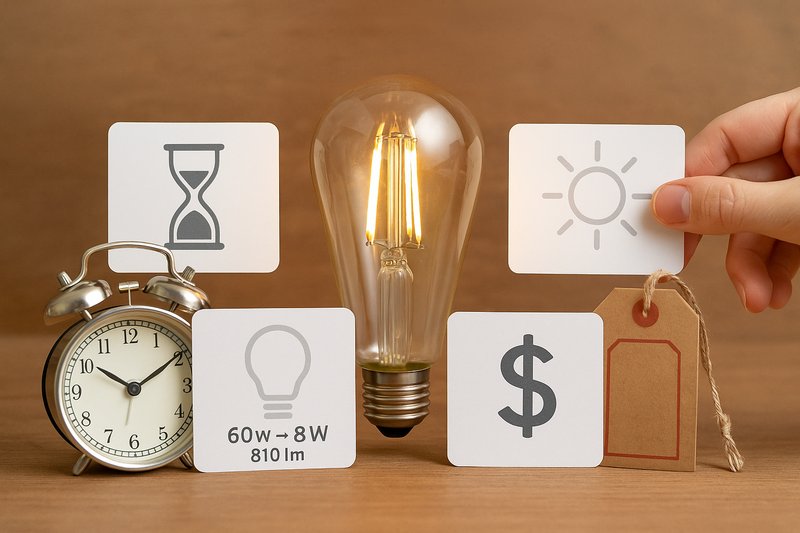 A graphic highlighting key value features: Long Lifespan icon, Energy Efficiency (low W, high Lm) icon, Pleasant Color Temp icon, and a Price Tag icon.