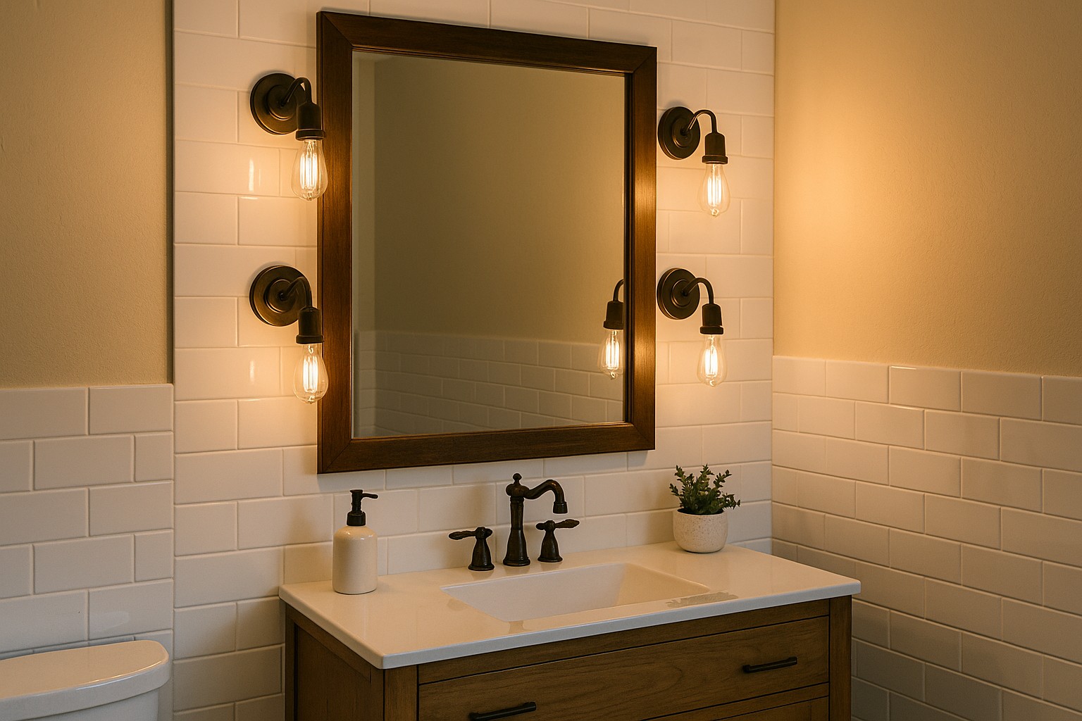 Vintage style bathroom with clear Edison bulbs around the mirror