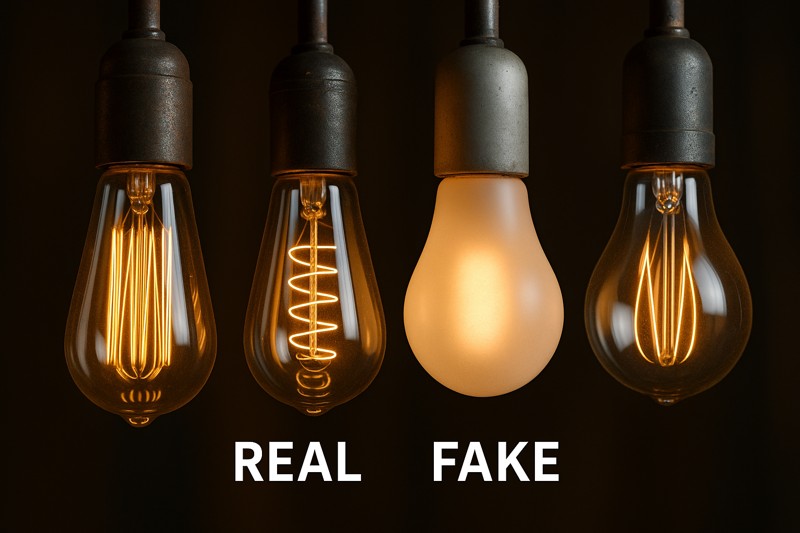 Close-up comparison of real vs fake vintage bulbs