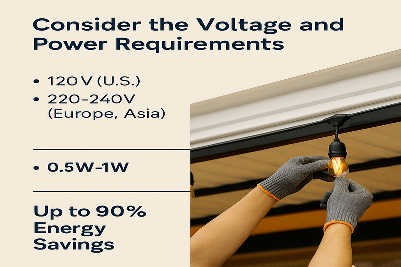 Voltage and Power Specs Electrician installing low-voltage LED filament bulbs along a shop sign