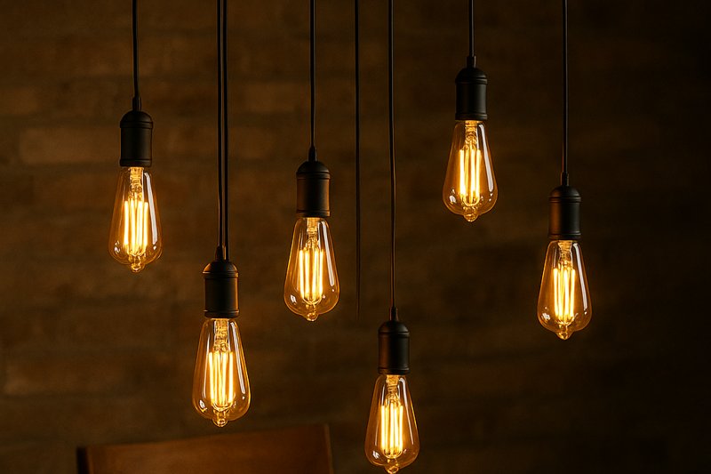 Image of a DIY wooden beam chandelier featuring several Omita amber ST64 LED Edison bulbs hanging at different lengths above a rustic wooden dining table, casting a warm, inviting glow.