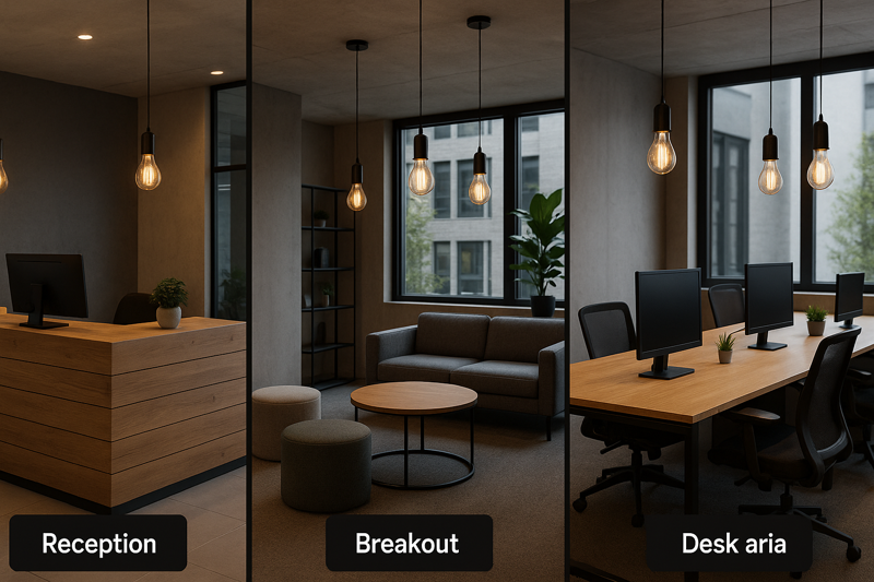 Different office areas (reception, breakout, desk) using LED Edison bulbs