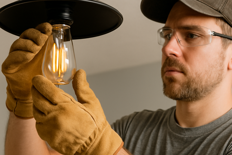 DIY person safely installing an LED Edison bulb in a light fixture