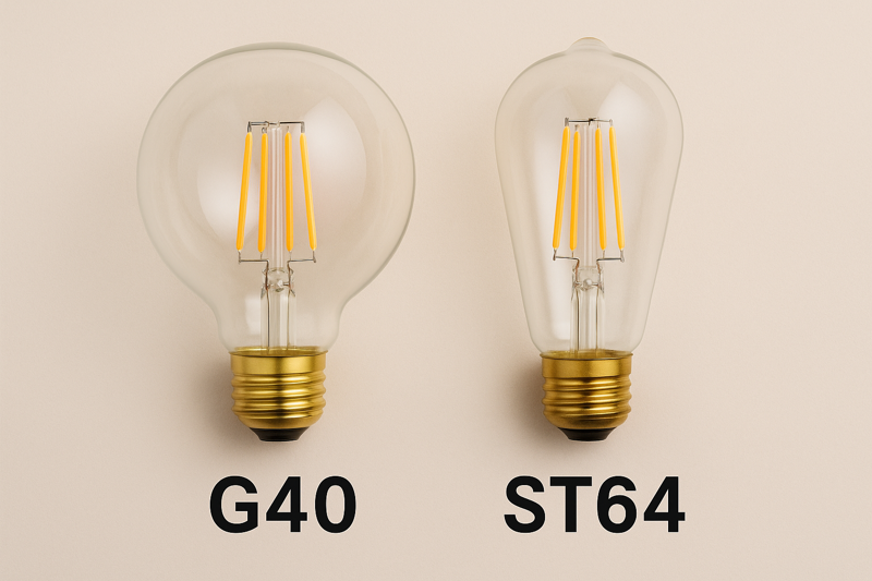 A side-by-side comparison of a large G40 bulb and a standard ST64 bulb