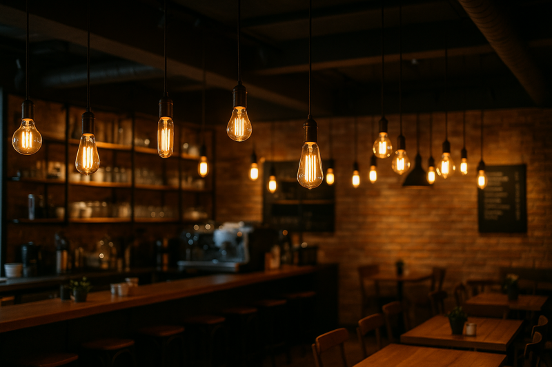 A trendy cafe illuminated with decorative LED Edison bulbs