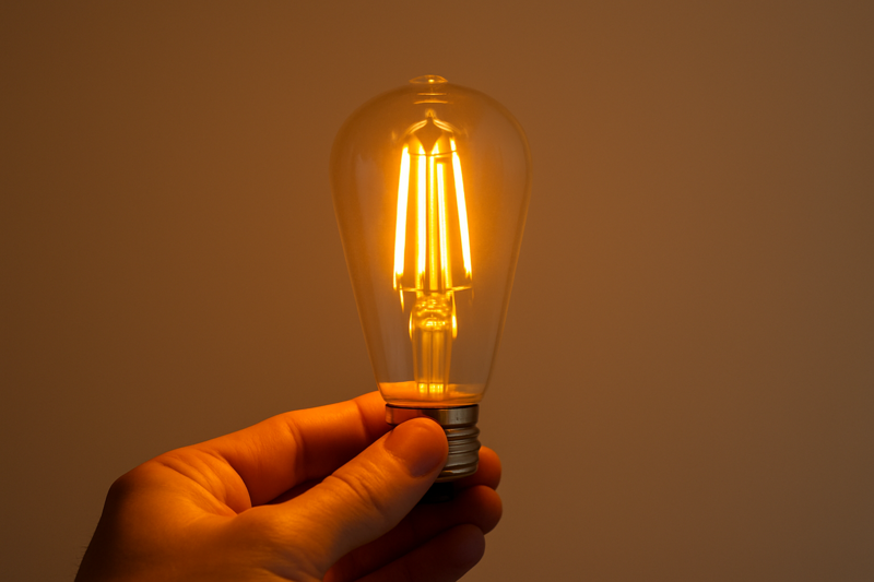 A hand holding a dimmable LED Edison bulb showing its warm glow