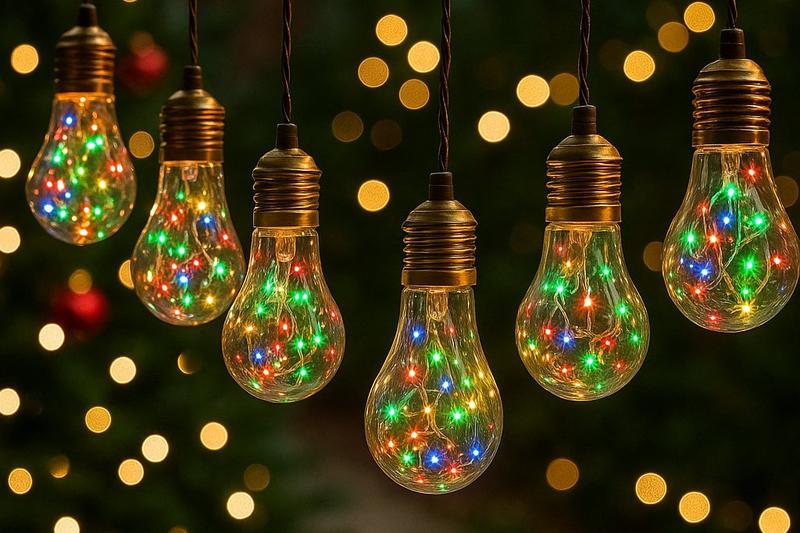 Festive LED Edison Bulb Decorations String of LED Edison-style bulbs filled with colorful micro-LEDs, hanging outdoors with festive bokeh lights and Christmas ornaments in the background