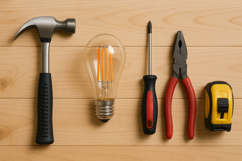 Tools and an LED Edison bulb laid out for installation